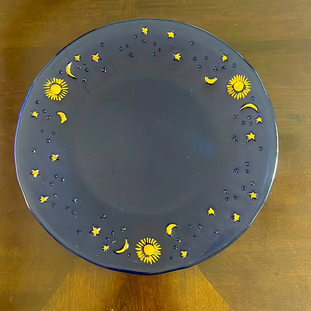 Vintage Celestial 90’s blue glass cake plate
